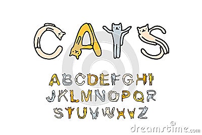Cats hand drawn font type in cartoon comic style with domestic animals Stock Photo