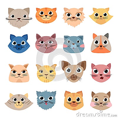 Cats heads. Cute funny domestic animals colored heads happy faces expressive emotions vector set Vector Illustration