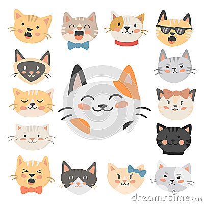 Cats heads vector illustration cute animal funny decorative characters feline domestic trendy pet drawn Vector Illustration