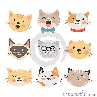 Cats heads vector illustration cute animal funny decorative characters feline domestic trendy pet drawn Vector Illustration