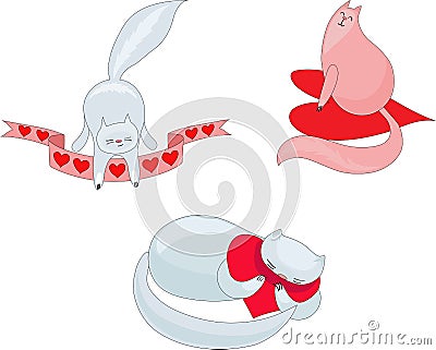 Cats with hearts and ribbon Vector Illustration