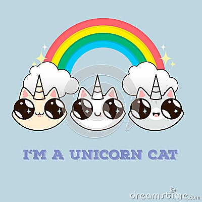 Cats with a horn on the background of the rainbow. Vector Illustration