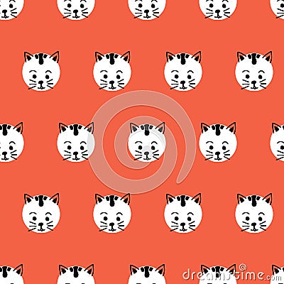 Cats Kids polka dot seamless vector background. Cute kitty faces pattern black and white on red. Geometric fun kids design. Use Vector Illustration