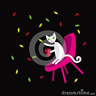 Cats life. The Ñartoon white cat collects colorful candies flying around. Vector Illustration