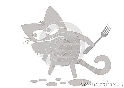 Cats life. Comic character. The gray cat purposefully moves forward in search of food. Vector Illustration