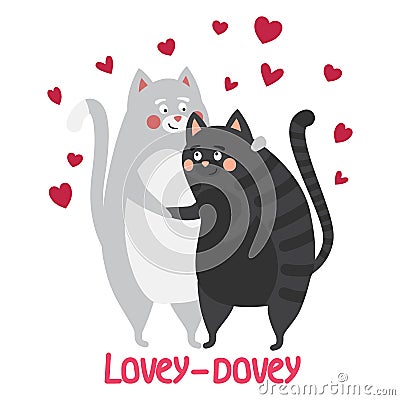 Cats in love with hearts and the inscription Lovey - dovey Vector Illustration