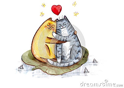 Cats in love are sitting on lily pad in pond with fish and hugging.Comic watercolor illustration . Cartoon Illustration