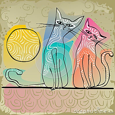 Cats in love sitting on a roof Vector Illustration