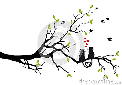 Cats in love on tree, vector Vector Illustration