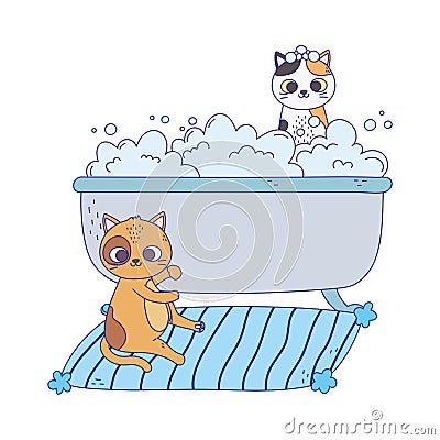 Cats make me happy, cat in carpet and kitten in bathtub washing Vector Illustration