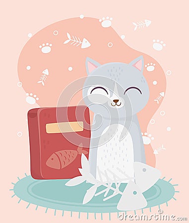 Cats make me happy, cute cat with fishbones and food box cartoon Vector Illustration