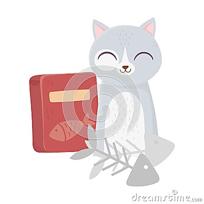 Cats make me happy, cute cat with fishbones and food box cartoon Vector Illustration