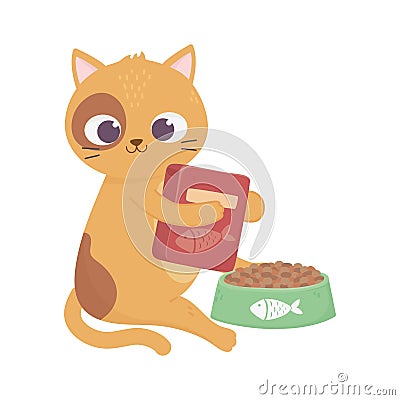 Cats make me happy, cute cat with food box and bowl Vector Illustration