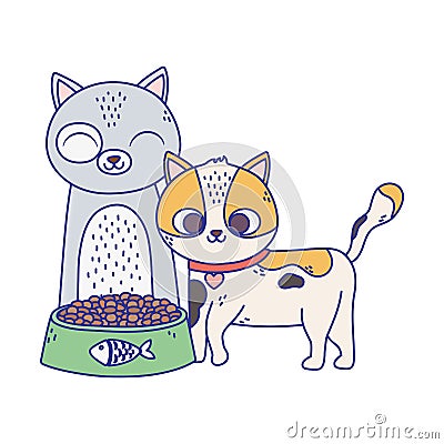 Cats make me happy, cute cats with bowl food cartoon Vector Illustration