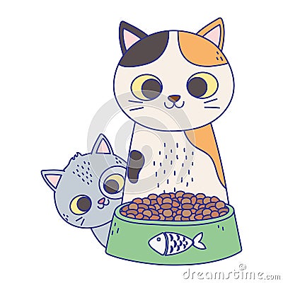 Cats make me happy, cute cats with bowl food cartoon Vector Illustration