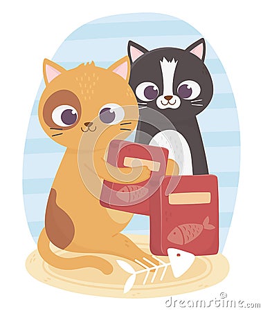 Cats make me happy, cute felines with food boxes and fishbone Vector Illustration