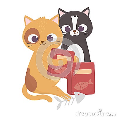 Cats make me happy, cute felines with food boxes and fishbone Vector Illustration