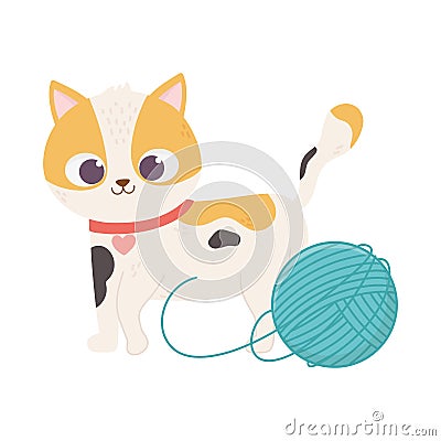 Cats make me happy, cute spotted cat with ball wool Vector Illustration