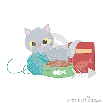 Cats make me happy, cat with food ball fishbone Vector Illustration