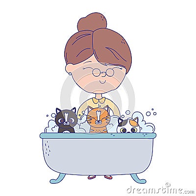 Cats make me happy, old woman cat and kitten in bathtub Vector Illustration