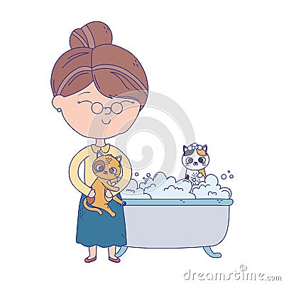 Cats make me happy, old woman cat and kitten in bathtub Vector Illustration