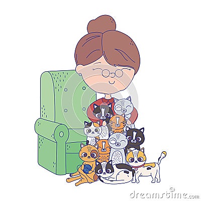Cats make me happy, old woman with various kittens in sofa Vector Illustration