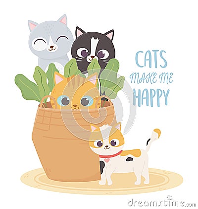 Cats make me happy, pets cats in wicker basket plants cartoon Vector Illustration