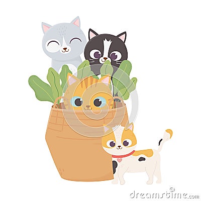 Cats make me happy, pets cats in wicker basket plants cartoon Vector Illustration