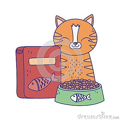 Cats make me happy, tabby cat with bowl and box of food Vector Illustration