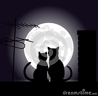 Cats on a night roof Vector Illustration