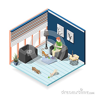 Cats Ordinary Life Isometric Composition Vector Illustration