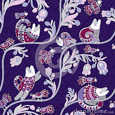 Seamless vector pattern - cute cats and birds with ethnic and floral ornament on violet background Vector Illustration