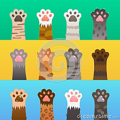 Cats paw flat. Cat paws claw hand, cartoon cute animal, fur funny wild hunter. Kitten friendship vector concept Vector Illustration