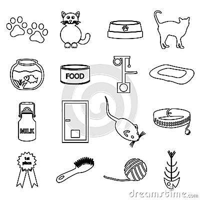 Cats pets items simple black outline icons set Vector Illustration