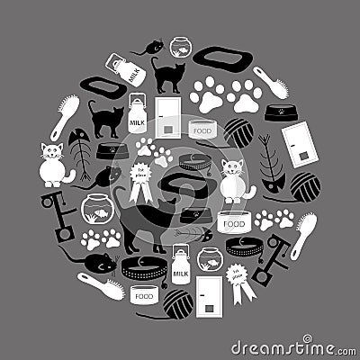 Cats pets items simple black and white icons in circle Vector Illustration