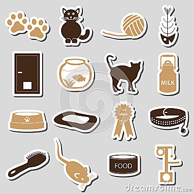 Cats pets items simple stickers set eps10 Vector Illustration