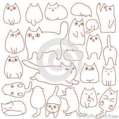 Cats posing doodle line art set Vector Illustration