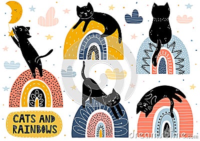 Cats and rainbows collection. Fantasy isolated elements set with cute characters Vector Illustration