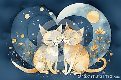 Cats romantic on the background of a heart with a print, illustration. Generative AI Cartoon Illustration