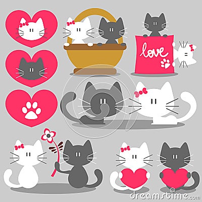 Cats romantic valentine set Vector Illustration