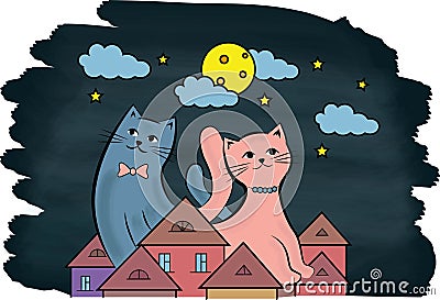 Cats on the roof at night Vector Illustration