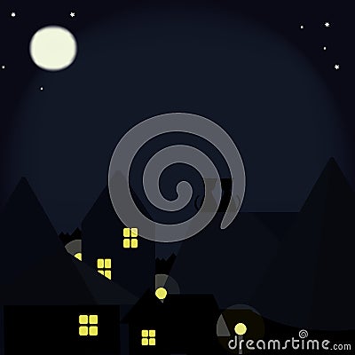 Cats on the roofs of the night city Vector Illustration