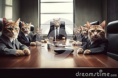 Cats rulers of the world, wearing tailored suits and holding corporate board meetings to discuss advancements in catnip technology Cartoon Illustration
