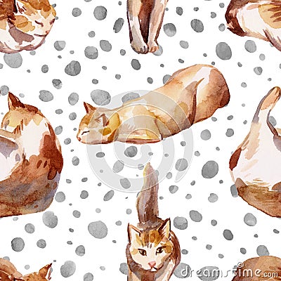 Cats seamless pattern, assorted cats and colorful dots on a white background watercolor illustration Cartoon Illustration