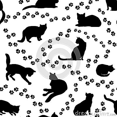 Cats seamless pattern. Kitten silhouette background Stock Photo