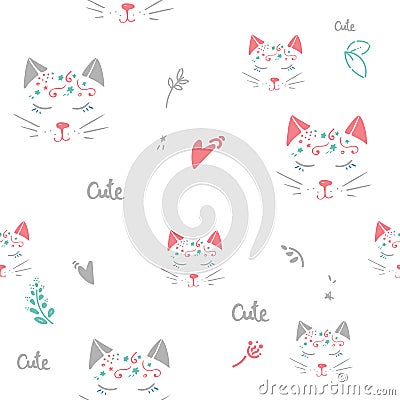 Cats seamless vector pattern with hearts. Cute hand drawn pink kitten faces. Valentines day. on white bacground Vector Illustration