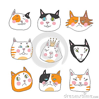 Cats, set of cute doodle. Funny stylish muzzle. Hand drawn children`s pattern Vector Illustration