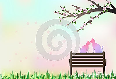 Cats sitting on the bench under Cherry blossom tree Vector Illustration