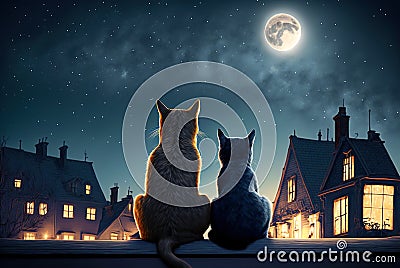 Cats sitting on roof at night, two pets looking at moon and stars in sky, generative AI Stock Photo