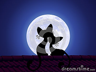 Cats are sitting on the roof and stare at the moon Stock Photo